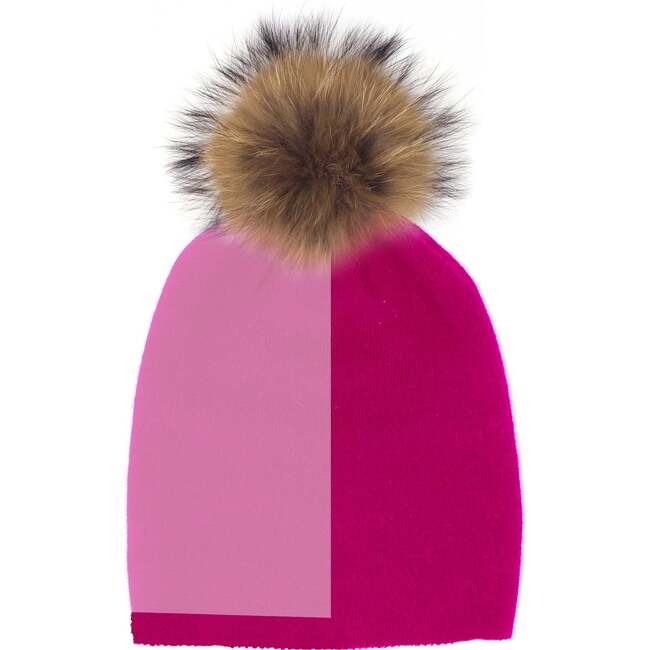 Color Block Knit Hat With Faux Fur Pom, Hot Pink/Pink