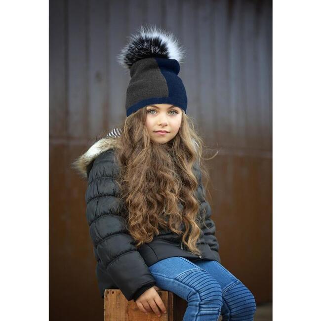 Color Block Knit Hat With Faux Fur Pom, Navy/Grey - Hats - 2