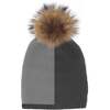 Color Block Knit Hat With Faux Fur Pom, Charcoal/Grey - Hats - 1 - thumbnail