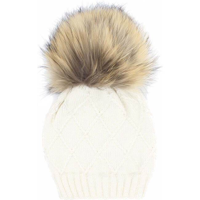 Chunky Knit Wool Hat With Faux Fur Pom, White