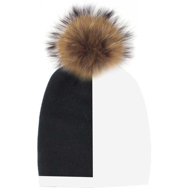 Color Block Knit Hat With Faux Fur Pom, Black/White