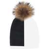 Color Block Knit Hat With Faux Fur Pom, Black/White - Hats - 1 - thumbnail