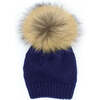 Chunky Knit Wool Hat With Faux Fur Pom, Navy - Hats - 1 - thumbnail