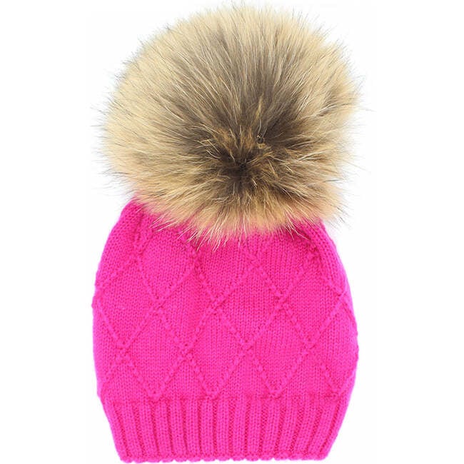 Chunky Knit Wool Hat With Faux Fur Pom, Hot Pink