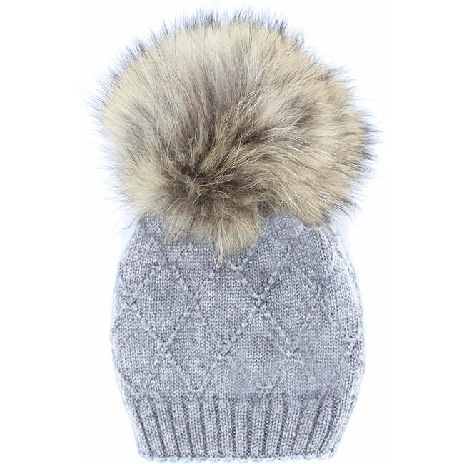 Chunky Knit Wool Hat With Faux Fur Pom, Dusty Grey