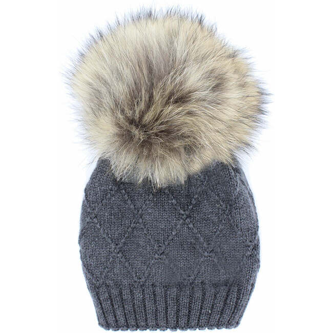 Chunky Knit Wool Hat With Faux Fur Pom, Charcoal