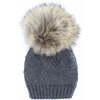 Chunky Knit Wool Hat With Faux Fur Pom, Charcoal - Hats - 1 - thumbnail