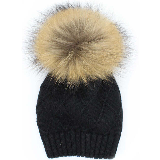 Chunky Knit Wool Hat With Faux Fur Pom, Black