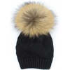 Chunky Knit Wool Hat With Faux Fur Pom, Black - Hats - 1 - thumbnail