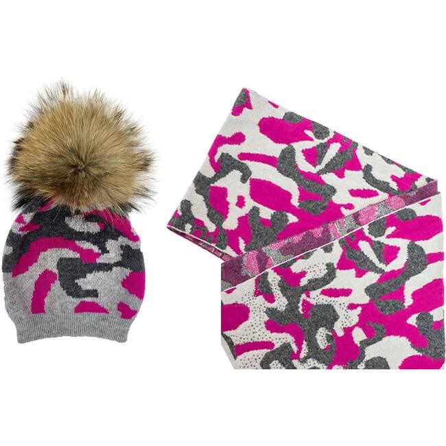 Camouflage Beanie With Faux Fur Pom And Scarf