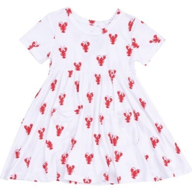 Short Sleeve Twirly Dress, Lobster Bamboo, White