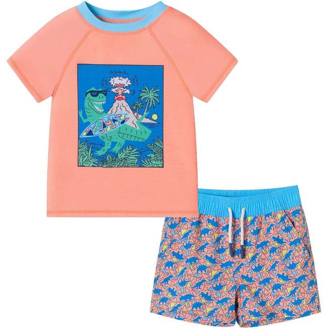 Kids Rashguard & Swim Trunk Set, Surfing Dino