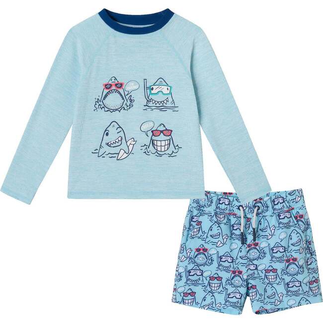 Kids Rashguard & Swim Trunk Set, Shark Characters