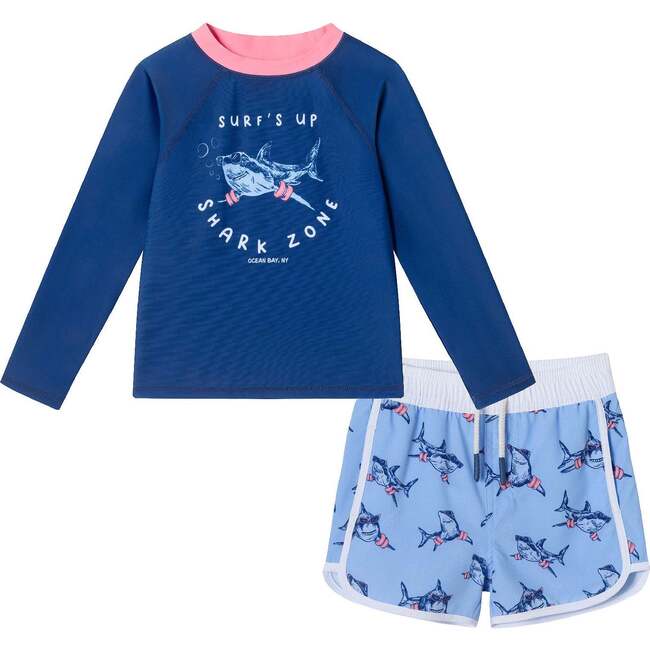 Kids Rashguard & Swim Trunk Set, Navy Shark