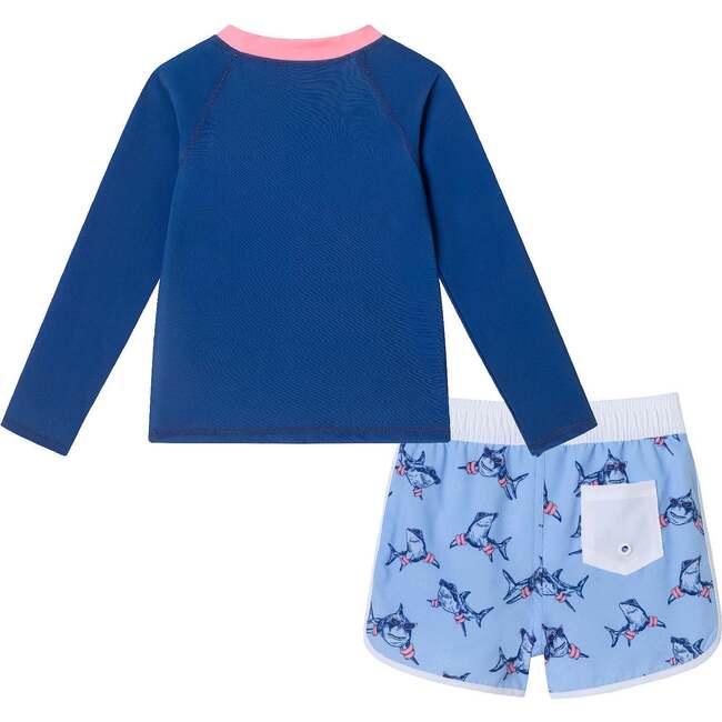 Kids Rashguard & Swim Trunk Set, Navy Shark - Swim Trunks - 2