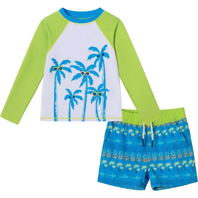 Kids Rashguard & Swim Trunk Set, Lime & Blue Breeze