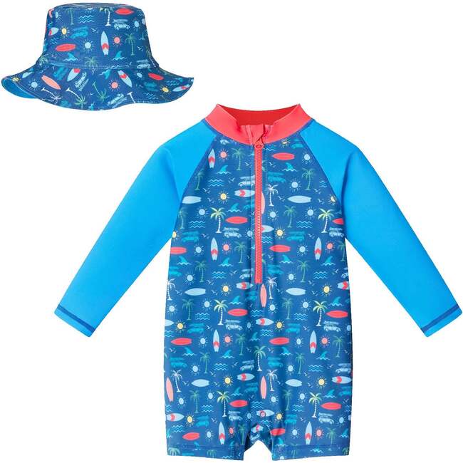 Infant Swim Romper W/ Hat Set, Navy Tropical Print