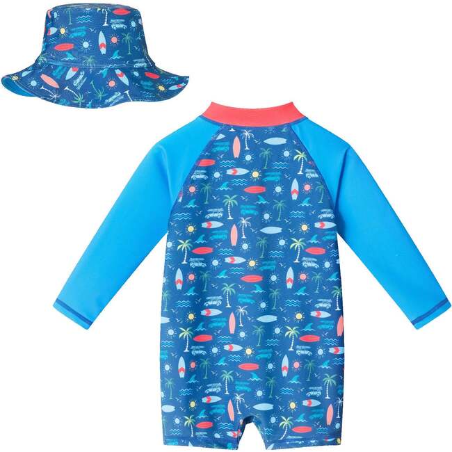 Infant Swim Romper W/ Hat Set, Navy Tropical Print - Mixed Apparel Set - 6