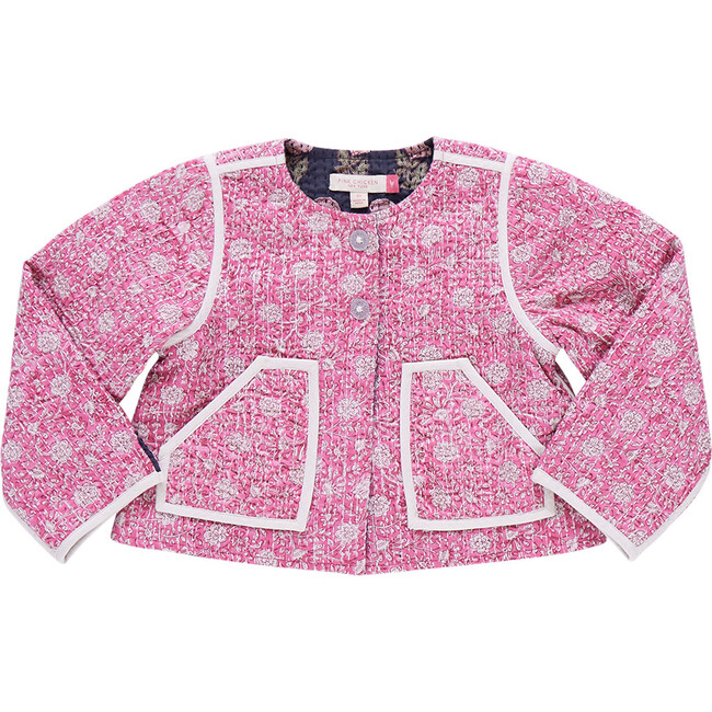 Girls Reversible Quilted Jacket, Hot Pink Garden Floral