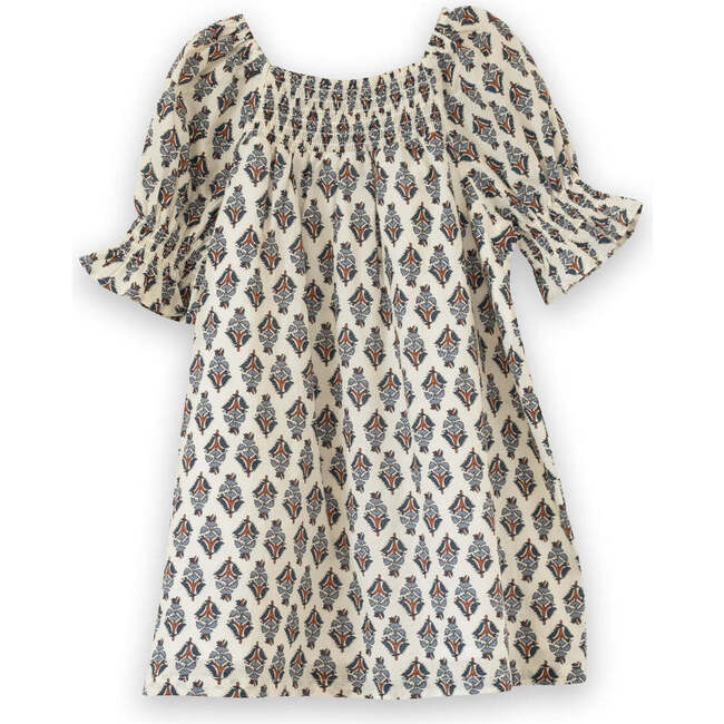 Girls Olivia Dress with Smocking, Teal and Brown Jewel Handblock - Dresses - 1