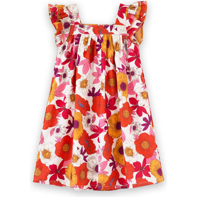 Girls Everly Square Neck Dress, Red and Orange Floral Medley - Dresses - 1