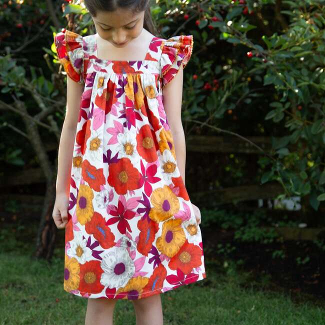 Girls Everly Square Neck Dress, Red and Orange Floral Medley - Dresses - 2