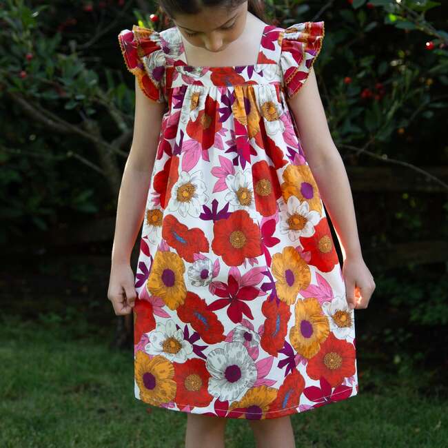 Girls Everly Square Neck Dress, Red and Orange Floral Medley - Dresses - 6