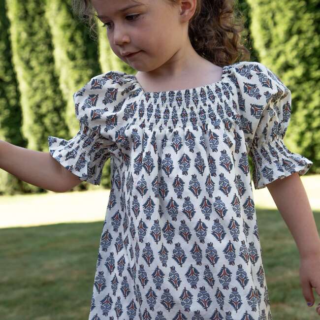 Girls Olivia Dress with Smocking, Teal and Brown Jewel Handblock - Dresses - 7