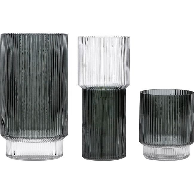 Zinc Fluted Glass Vase, Blue Grey (Set Of 3)