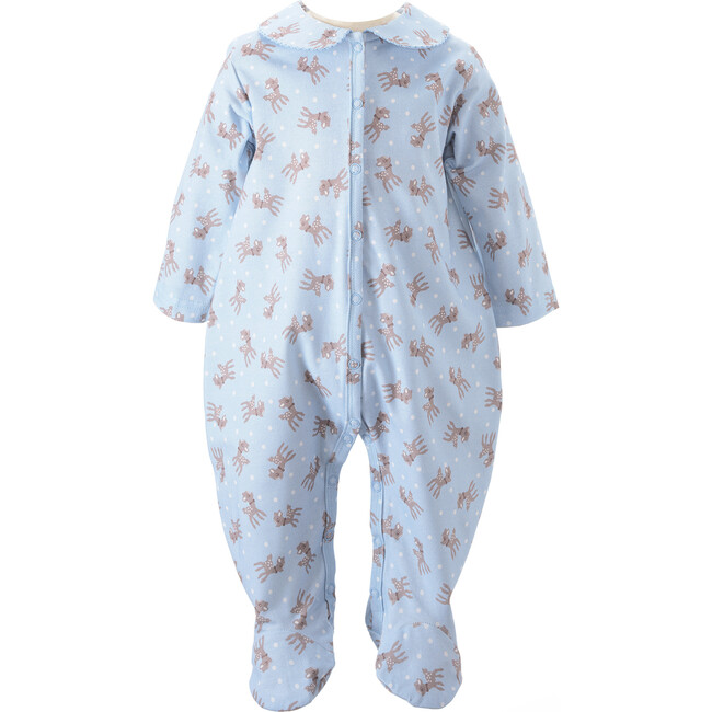 Polka Dot Fawn Print Trim Collar Babygro, Blue - Onesies - 1