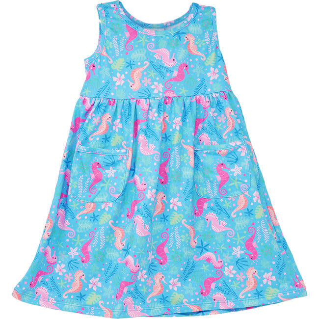 UPF 50+ Dahlia Sleeveless Tee Dress w/ Pockets, Seahorse Garden