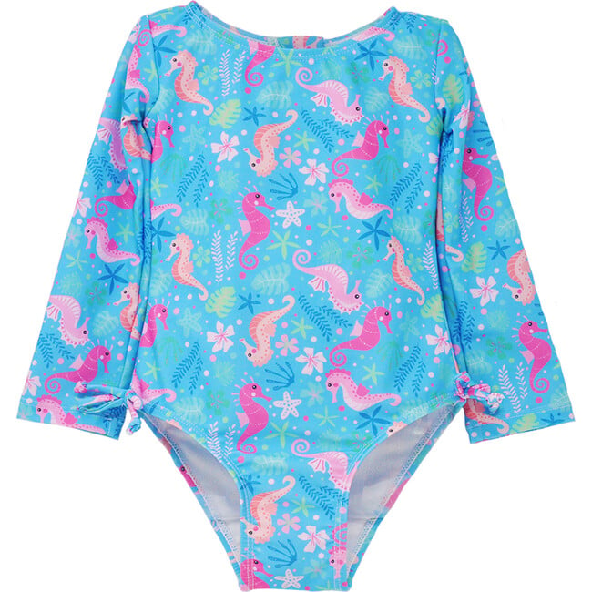 UPF 50+ Charlie L/S Rash Guard Swimsuit, Seahorse Garden