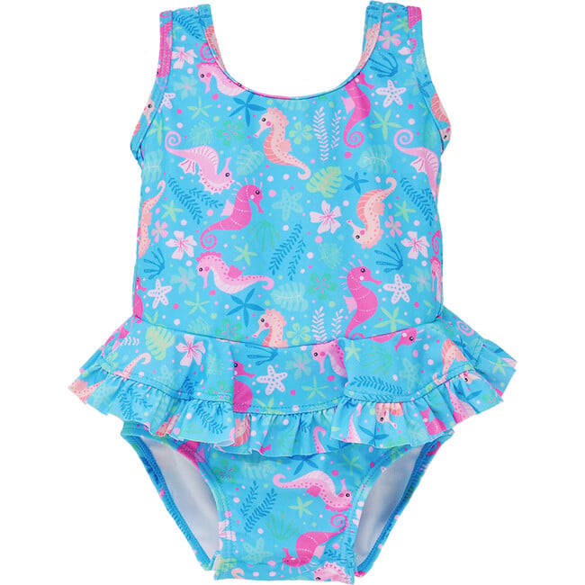 UPF 50+  Stella Infant Ruffle Swimsuit, Seahorse Garden