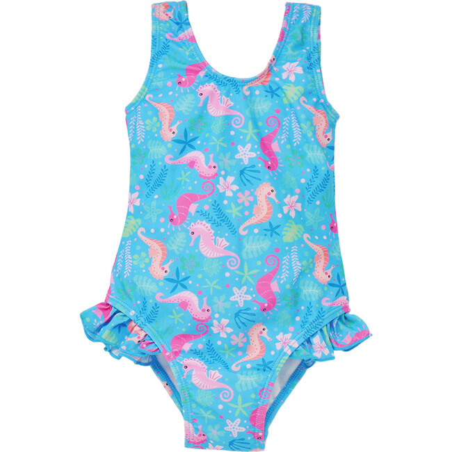 UPF 50+   Delaney Hip Ruffle Swimsuit, Seahorse Garden