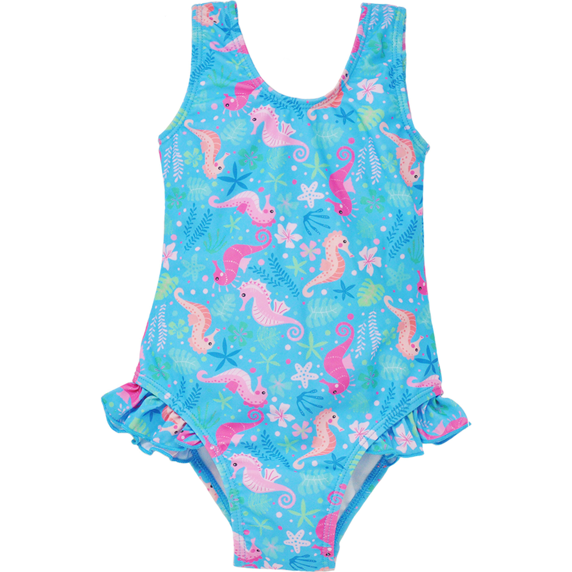 UPF 50+   Delaney Hip Ruffle Swimsuit, Seahorse Garden - One Pieces - 1