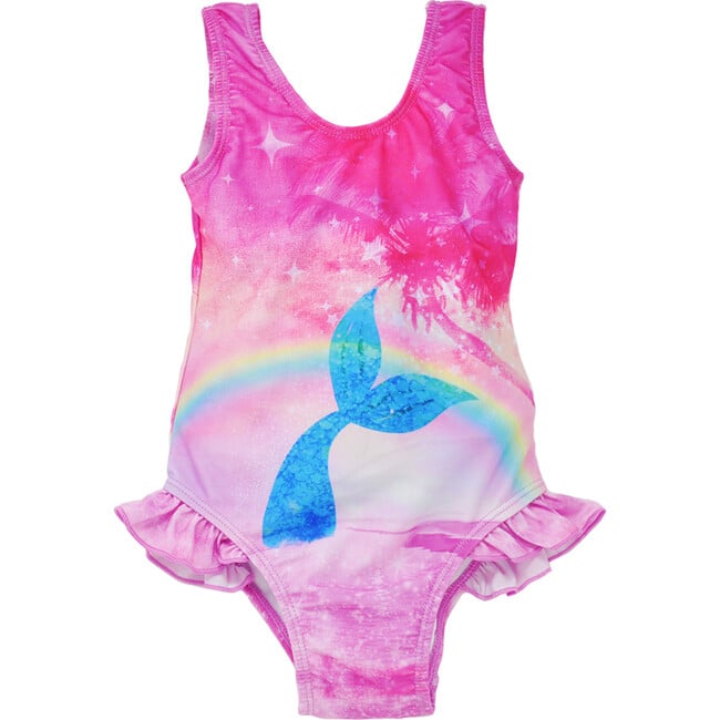 UPF 50+   Delaney Hip Ruffle Swimsuit, Rainbow Splash