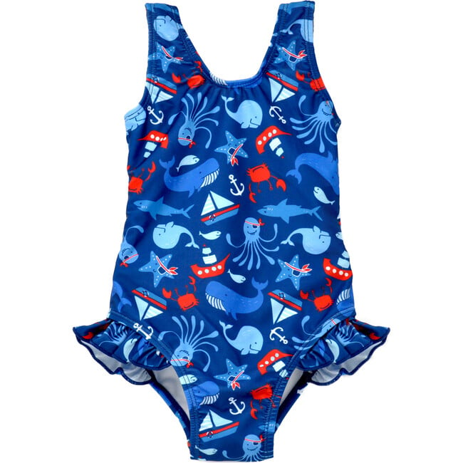 UPF 50+   Delaney Hip Ruffle Swimsuit, Nautical Fun - One Pieces - 1