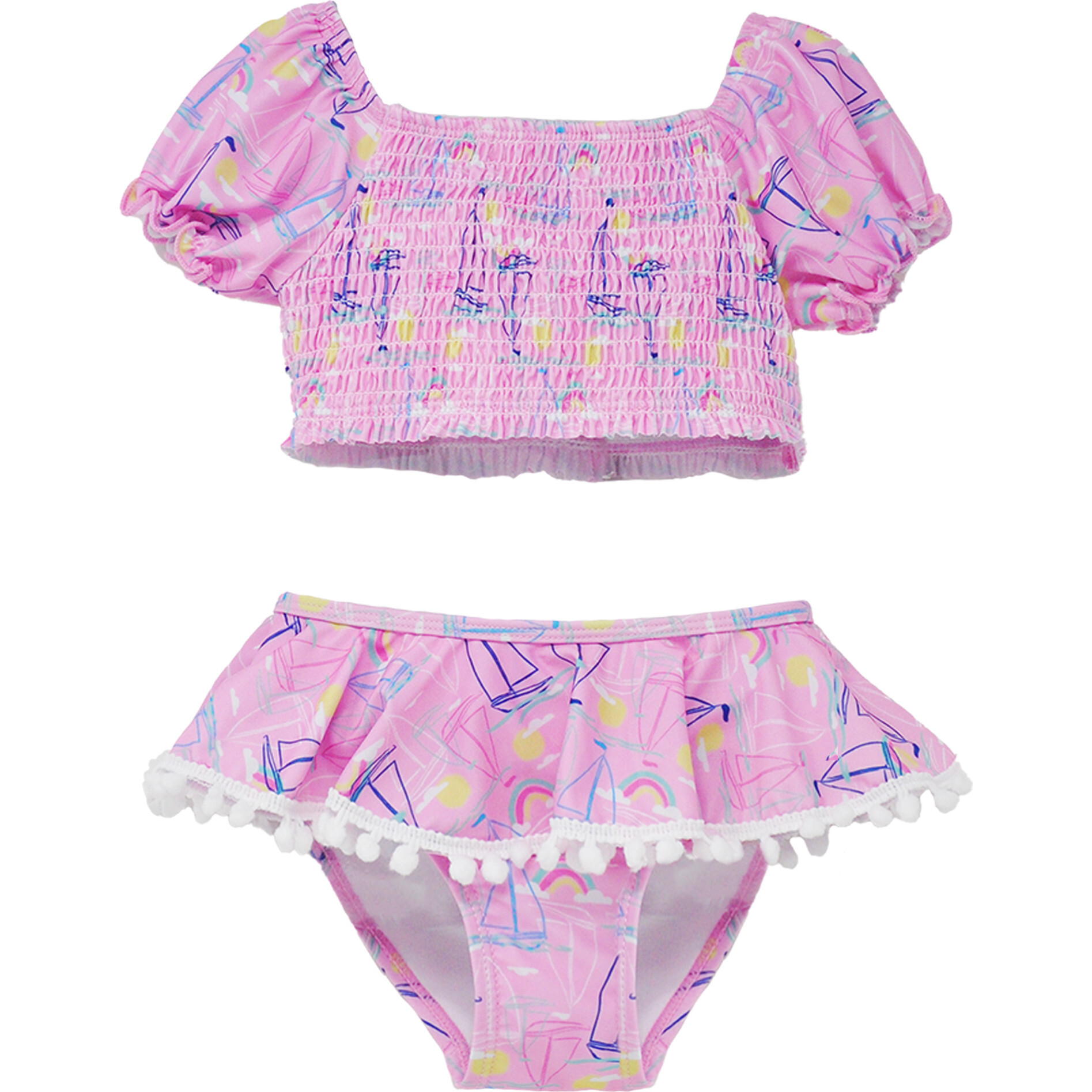 Gemma Two Piece Smocked Pom-Pom Swimsuit, Sail Away - Two Pieces - 1