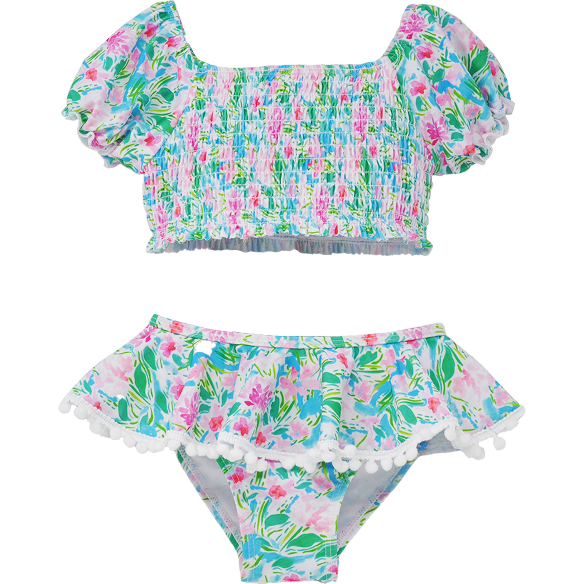 Gemma Two Piece Smocked Pom-Pom Swimsuit, Lotus & Lillies - Two Pieces - 1