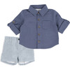 Woven Shirt & Short Set, Blue - Mixed Apparel Set - 1 - thumbnail