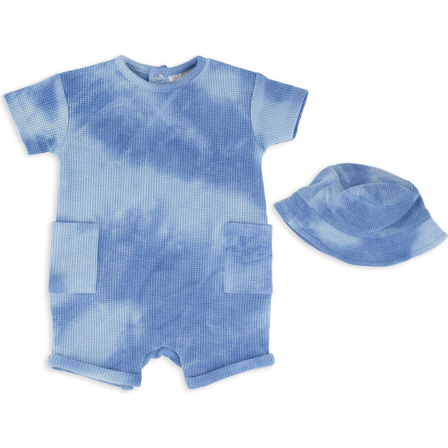 Tie Dyed Waffle Knit Romper & Hat Set, Blue