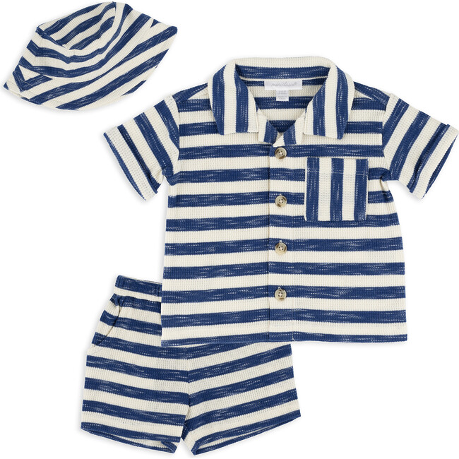 Stripe Waffle Knit Top, Short & Hat Set, Blue