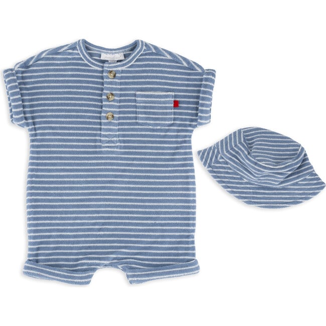 Stripe Terry Romper & Hat Set, Blue