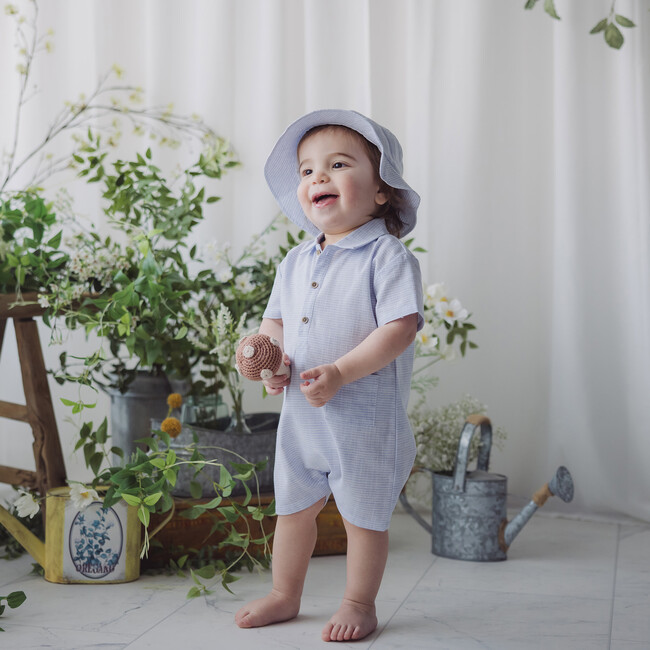 Woven Stripe Romper & Hat Set, Blue - Rompers - 2