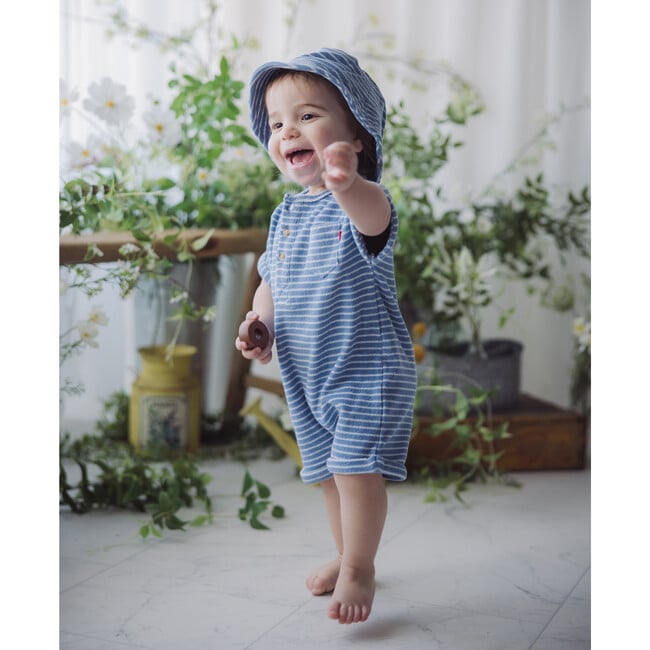 Stripe Terry Romper & Hat Set, Blue - Rompers - 2