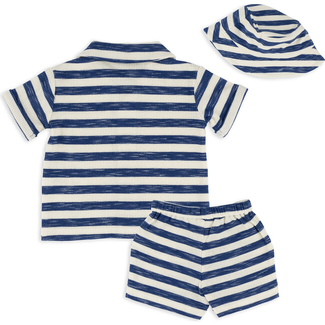 Stripe Waffle Knit Top, Short & Hat Set, Blue - Mixed Apparel Set - 3