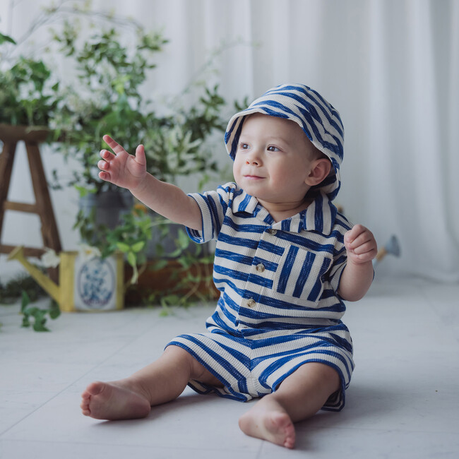 Stripe Waffle Knit Top, Short & Hat Set, Blue - Mixed Apparel Set - 4