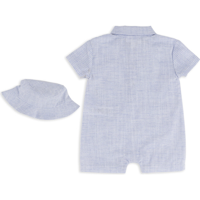 Woven Stripe Romper & Hat Set, Blue - Rompers - 3