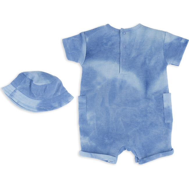 Tie Dyed Waffle Knit Romper & Hat Set, Blue - Rompers - 3