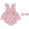 Eyelet Romper & Headwrap Set, Pink - Rompers - 1 - thumbnail